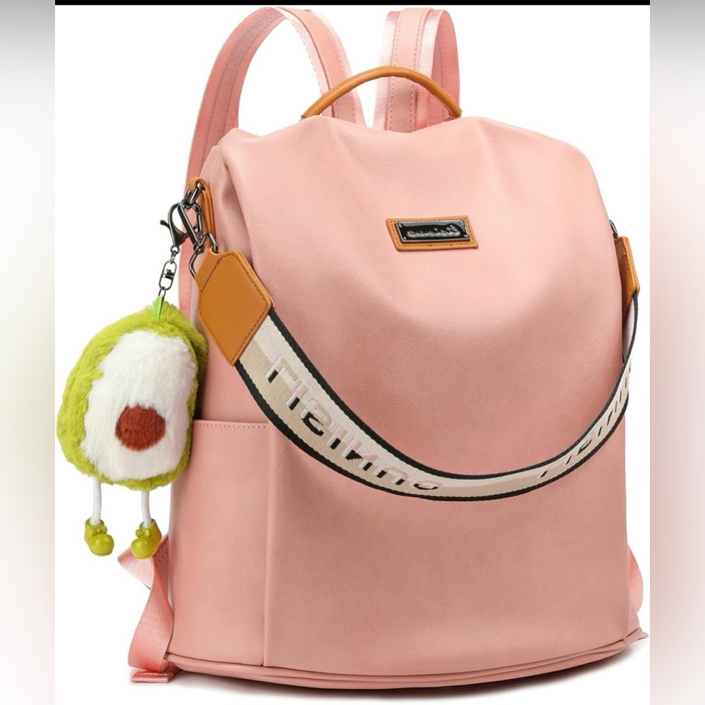 Pink Women's Backpack with Plush Keychain